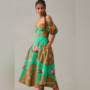 Maeve by Anthropologie Puff-Sleeve Green and Orange Sweetheart Dress